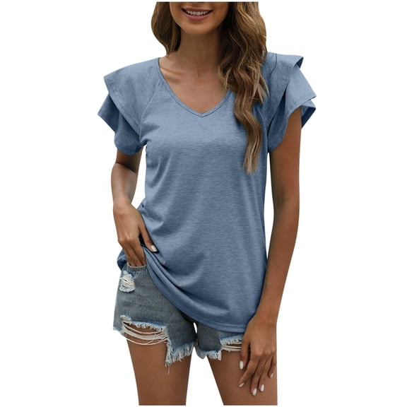 XFLWAM Womens Summer Tops Ruffle Short Sleeve V Neck T-Shirts Casual Loose Fit Blue XL