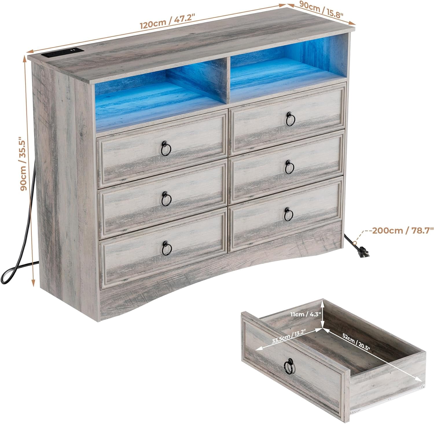 VVFLU Vintage 6 Dresser for Bedroom, Farmhouse 6 Drawers Dresser with Open Shelfs and LED Lights, 47.3" Wide Wood Rustic Chest of Drawers for Living Room, Hallway, Gray