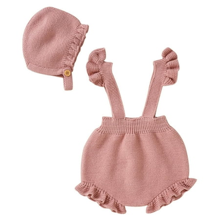 

Baby Girls Strap Solid Knitted Ruffles Sweater Jumpsuit Romper With Hat Outfits Clothes Set