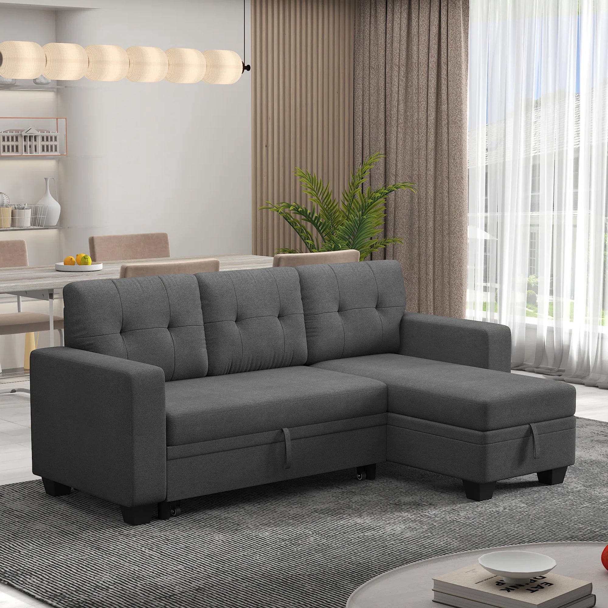 DEALTOPS Linen Reversible Sleeper Sectional Sofa Bed with Storage Chaise,Dark Gray