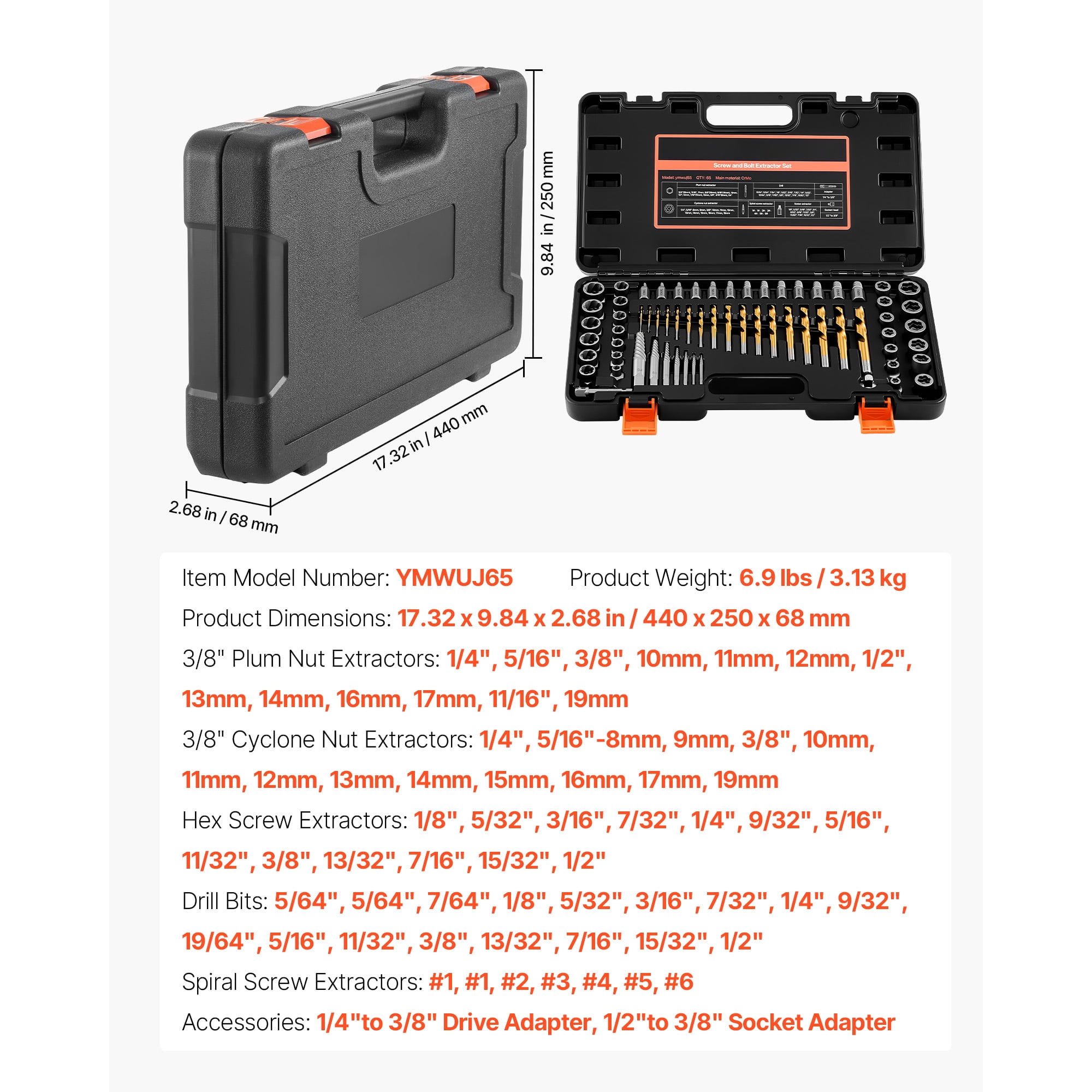 KFFKFF 65-Piece Screw Extractor and Drill Bit Set, Includes Nut Bolt Extractors, Adapters, and Storage Case, Made of Cr-Mo Steel for Removing Damaged, Stripped, or Rounded Fasteners