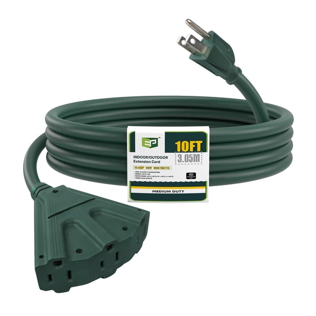 Cable de extensión para exteriores EP de 10 pies con 3 salidas 16/3 SJTW verde