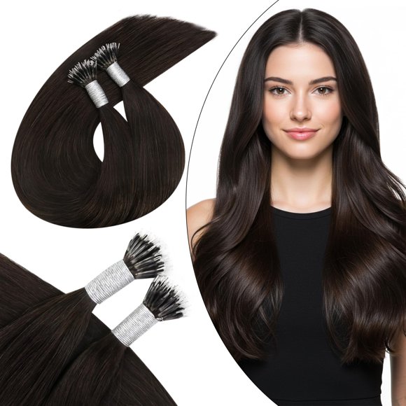 Ugeat Brown Nano Beads Hair Extensions for Women 14 inch Short Cold Fusion Nano Hair Extensions Human Hair Darkest Brown for Short Add Volume 50G 50S