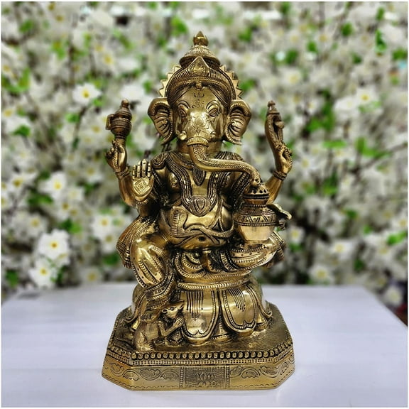 Lord Ganesh Statue Brass Majestic Lord Ganesha Idol Hindu God of Good Luck Elephant God Figure Brass Ganesh for Gift Housewarming Gift Ganesha Sculpture Home Decor Ganpati Figure - AtoZ India Cart