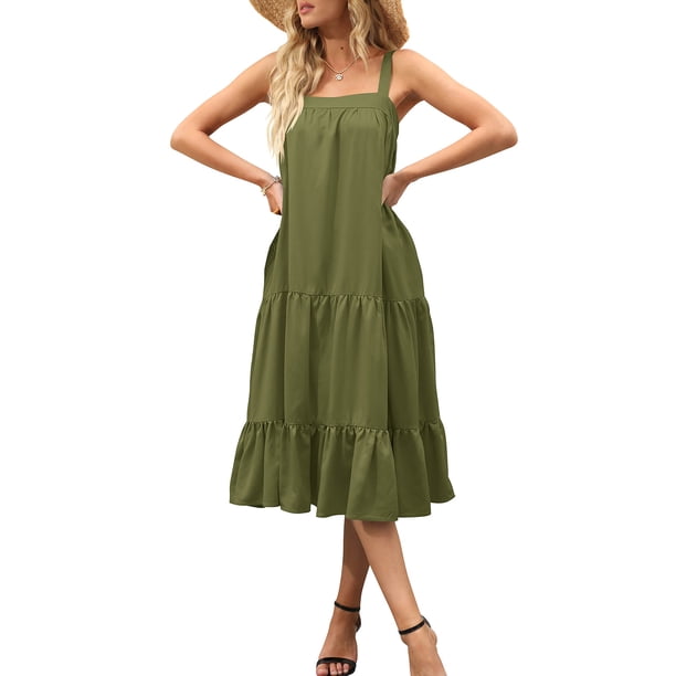 Sunloudy Vestido midi sin mangas para mujer, vestido de playa con volantes sueltos de color sólido sin mangas de verano Sunloudy S M L XL