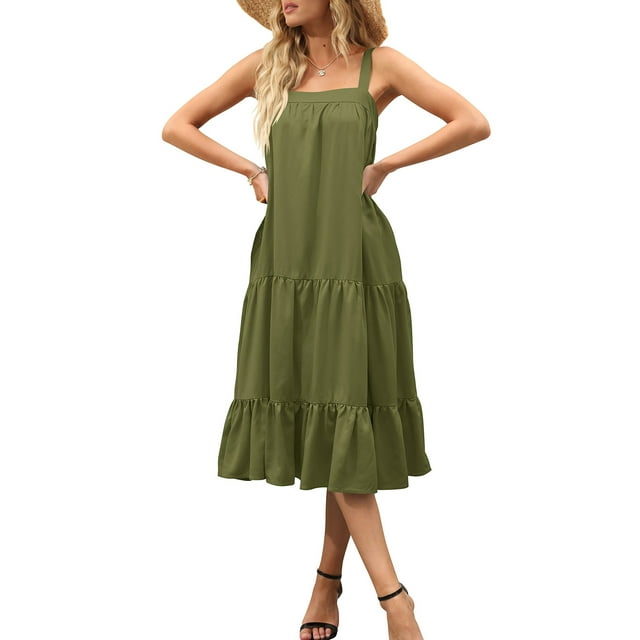 Sunloudy Vestido midi sin mangas para mujer, vestido de playa con volantes sueltos de color sólido sin mangas de verano Sunloudy S M L XL
