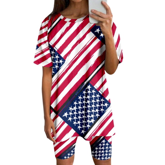 2 Piece Sets for Women Independence Day Short Sleeve Top and Shorts Going Out Outfits,Red,2XL