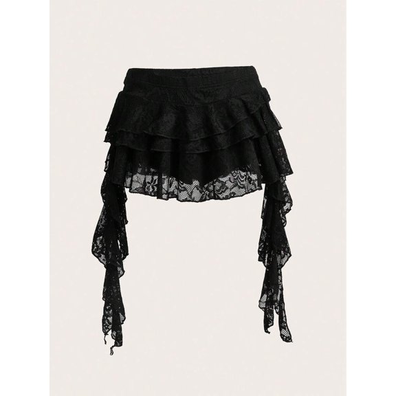 Black Lace Tiered Ruffle Mini Skirt With Asymmetrical Hem And Safety Shorts