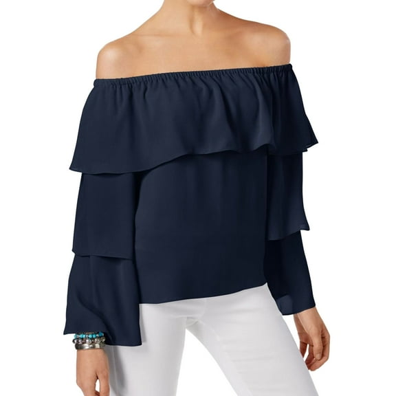 I.N.C Womens Tiered Sleeves Off the Shoulder Blouse, Blue, X-Small