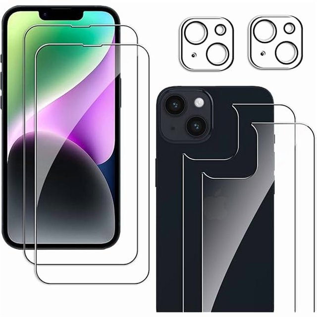 wonima11 Screen Protector for iPhone 14, 2 Pack Front Screen and 2 Back Glass Protector,2 Pcs Camera Lens Protector, 9H Hardness Protective Film,Easy Installation with Alignment Tool