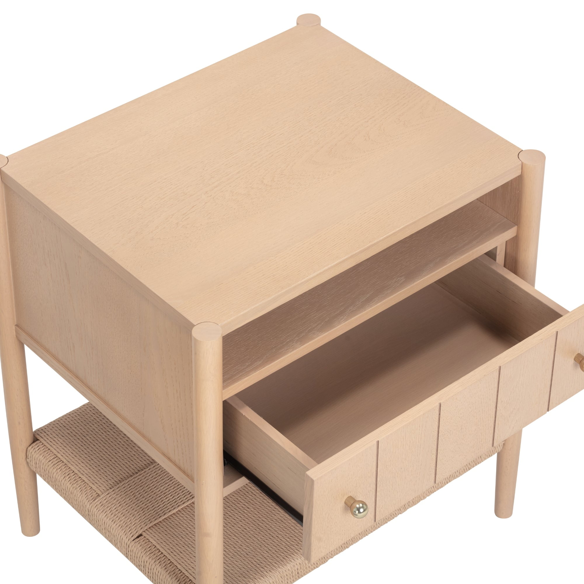 Nathan James Meads Wood Nightstand with Drawer, Vintage Nightstand with Seagrass Storage and Brass Handles, Raw Oak