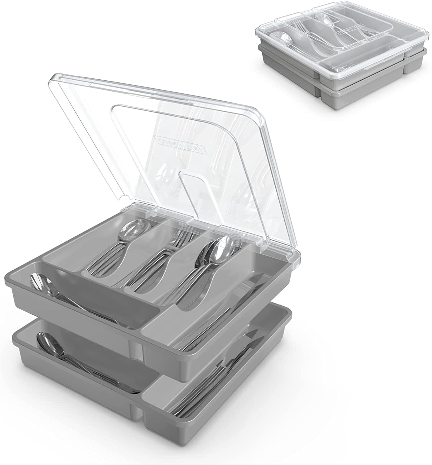 AIYoo Large Utensil Organizer Tray With Lid & Drainer – 12.6x4.7x2.4in Countertop Or Drawer Silverware Holder