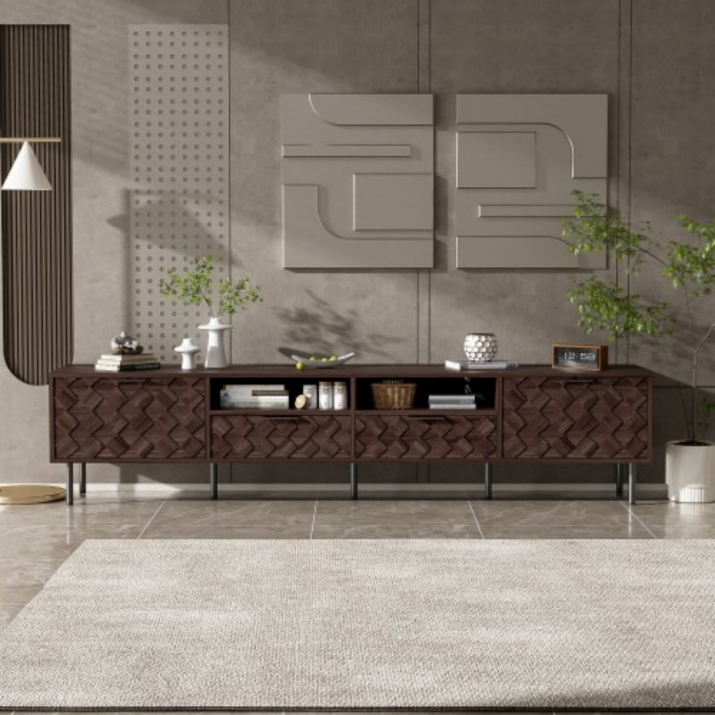78" Modern TV Stand for TVs up to 85", Entertainment Center with 3D Diamond Pattern, Closed Storage, Cable Management, Soft Close Hinges, Iron Legs, Walnut