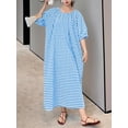 thumbnail image 6 of sicmoss Women's Blue Cotton Striped Gingham Swing Dress Crew Neck Loose Fit Midi Lantern Sleeve, 6 of 7