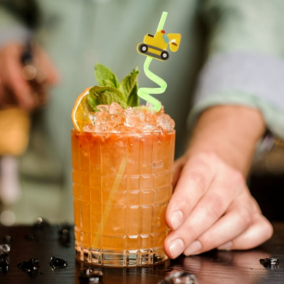 AURARMLET Curved Cartoon Engineering Car Straws 8Pcs 10.2x1.3In