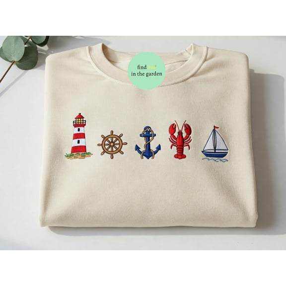 Embroidered Coastal Sweatshirt, Nautical Summer Crewneck, Ocean Life Gift, Vintage Boat Aesthetic Shirt, Embroider Sea Animal Sweater