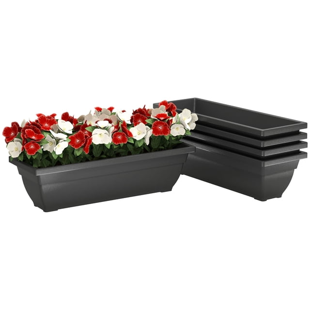 Black Window Box Planter Set - 5 Stackable Outdoor Flower Pots - 23" Rectangular Planters for Patio, Garden, Balcony & Windowsill - Durable PP Material