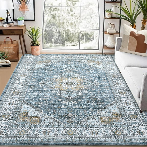 CAROMIO Vintage Rug Washable Floor Carpet Boho Accent Rug Non-Slip Vintage Rug for Living Room Home Office, 8' x 10' Blue