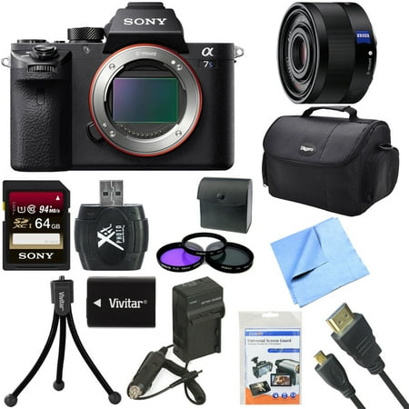 Sony a7S II Full-frame Mirrorless Interchangeable Lens Camera Body 35mm Lens Bundle includes a7S II Body, 35mm Full Frame Lens, 64GB Memory Card, Bag, 49mm Filter Kit, Beach Camera Cloth and More