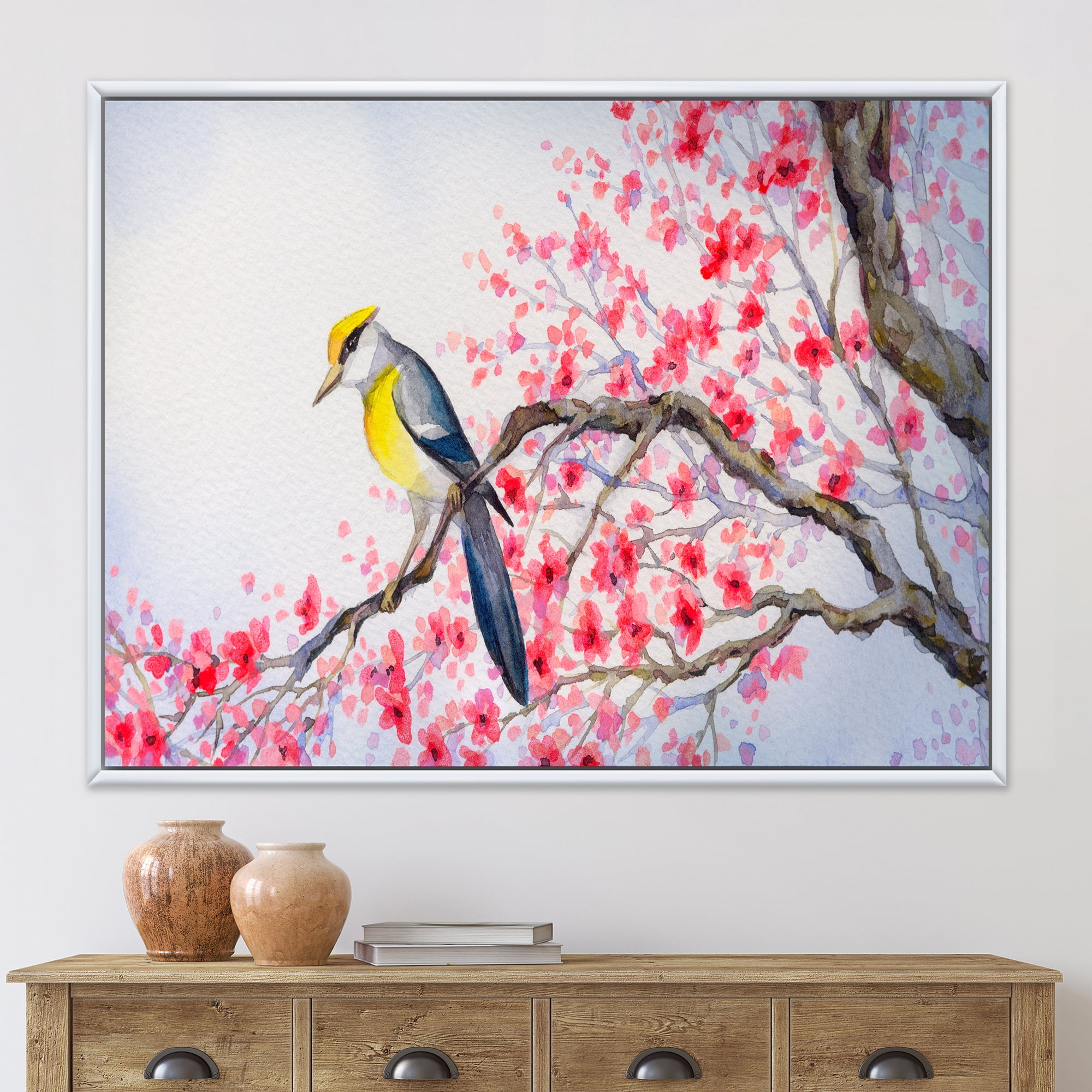 Beautiful Red Bird Sitting On Flowering Branch II 40 in x 30 in Framed Painting Canvas Art Print, by Designart