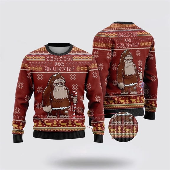Bigfoot Season for Believin Red Pattern Ugly Christmas Sweater for Unisex, Funny Sasquatch Holiday Pullover, Bigfoot Xmas Sweater Gift