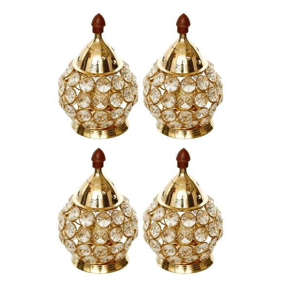 Set Of 4 Designer Golden Brass Crystal Akhand Diyas | Auspicious Designer Akhand Diya For Puja Room, Home, Office, Temple Decor