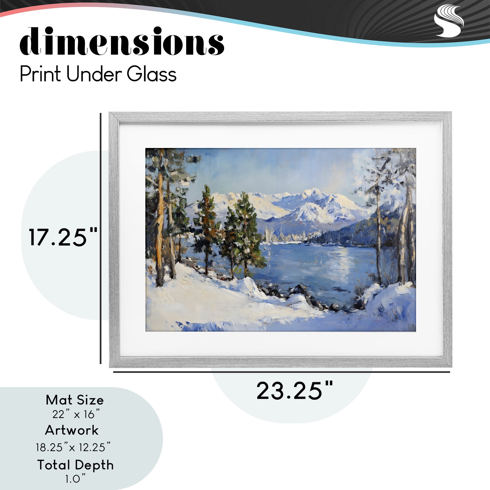 Winter Mountain Lake Gray Framed Print Under Glass, design by Petal Prints Design