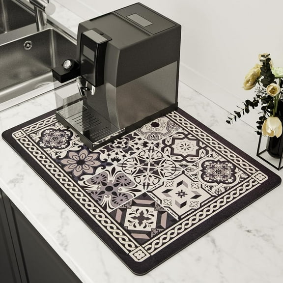 Coffee Mat, Boho Style Dish Drying Mat, Fast Water Absorption, Hide Stains, Easy to Clean, Fit Coffee Bar Accessories, Bar Mats for Countertop (11.8"x15.7", Black)