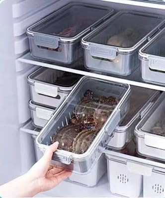 1PCS Produce saver containers for refrigerator Ieak proof Food Storage Bins with lids Removable Colander Fresh Plastic box Keep Fruit Vegetable Berry Lettuce Meat seafood Fresh longer,gray.