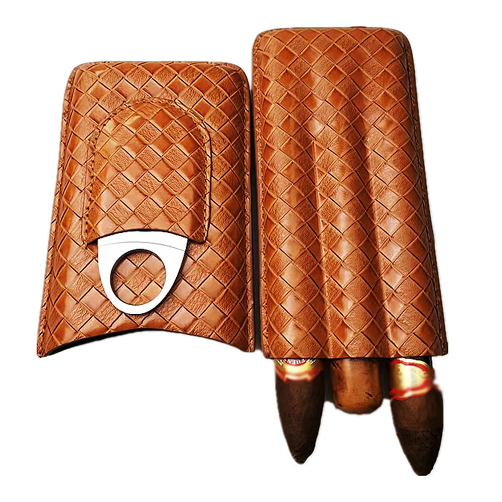 3 Cigar Humidor Case,Elegant Handmade Brown Weave Texture Leather Cedar