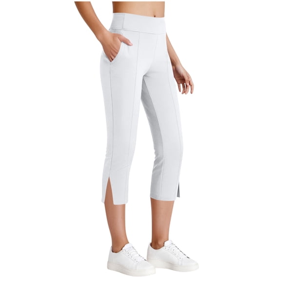 Womens High Waisted Capri Pants with Slit Hem and Pockets, Stretchy Pull-on Summer Cropped Pants for Women, White S-XXL,Size 2XL