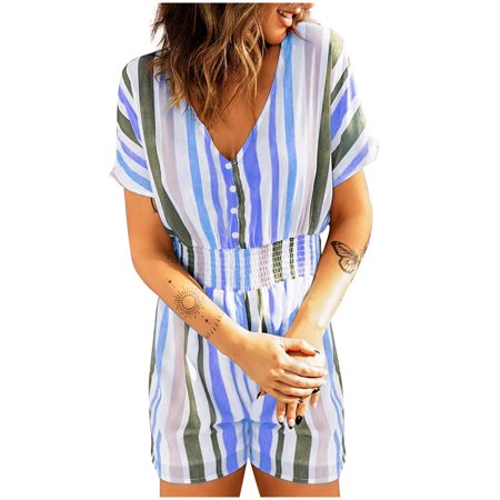 

Womens Summer Striped Short Jumpsuits Short Sleeve V Neck Button Elastic Waist Casual Loose Shorts Rompers Pajamas
