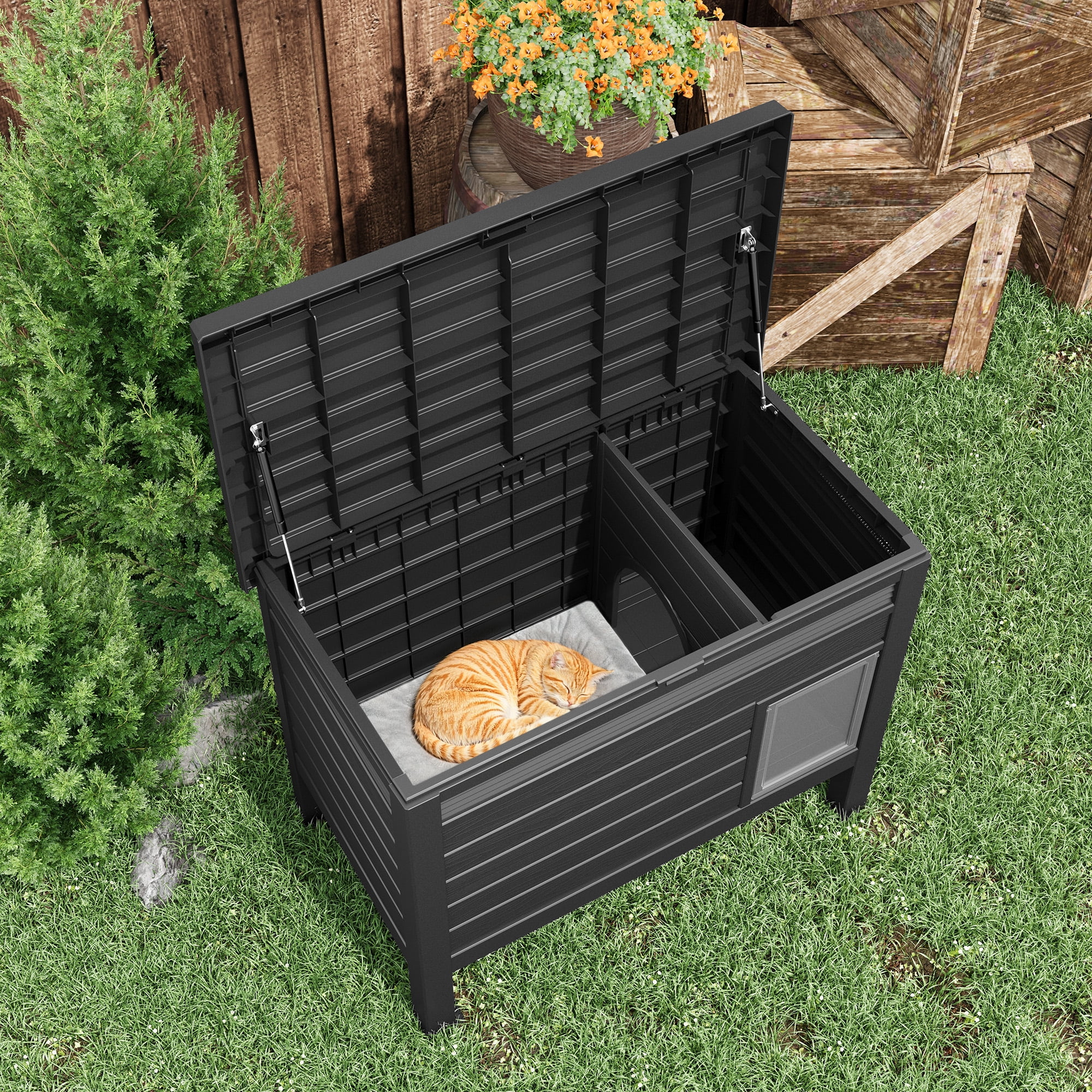 LHBcraft Outdoor Cat House,Weatherproof Insulated Cat Shelter for Outdoor Indoor Cats with Raised Floor,Outside Feral Cat House with Heating Pad for Winter, Secure Escape Doors for Cats, Black