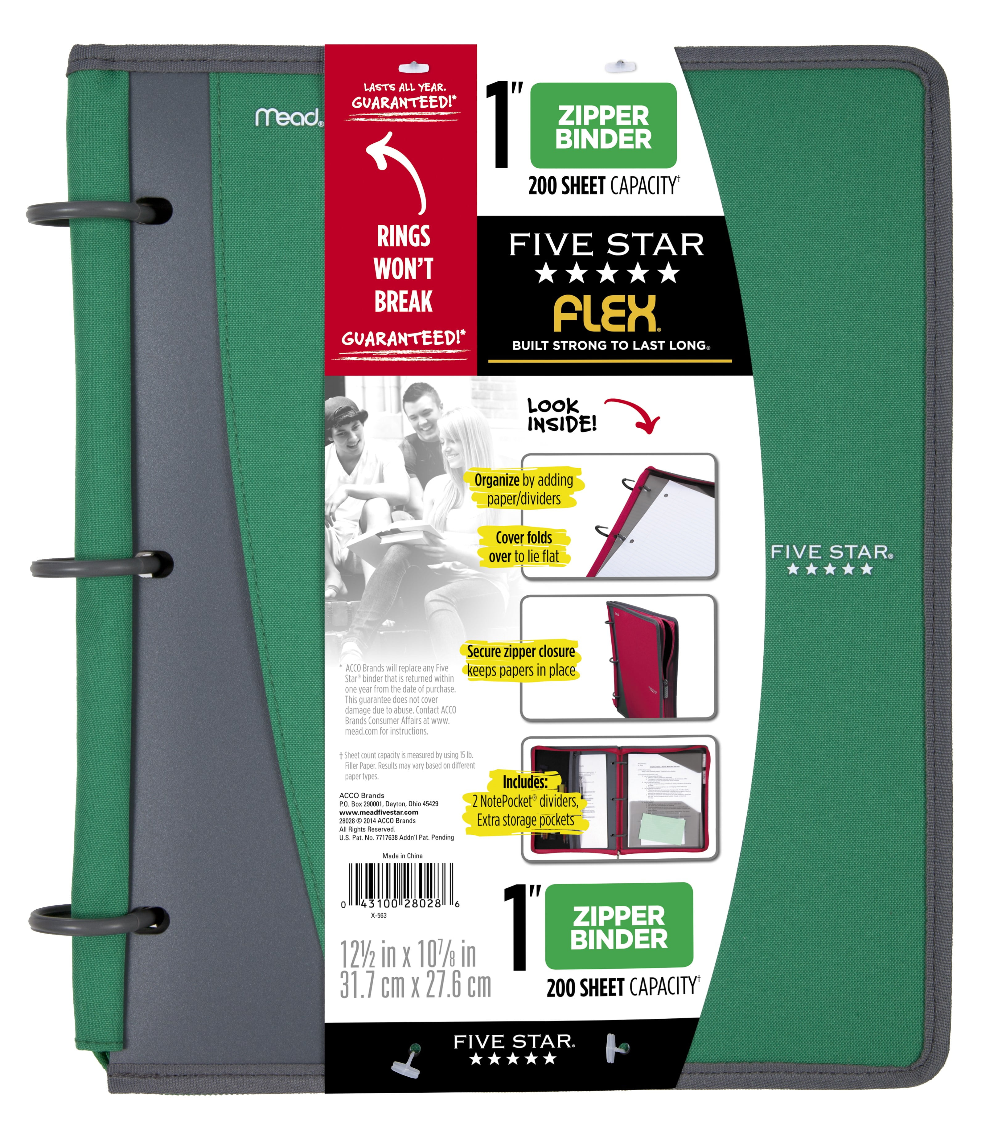 Five Star Flex 1" Poly Zipper Binder, Green