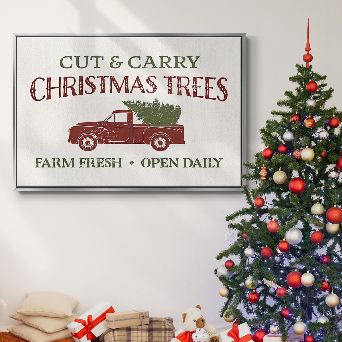 Christmas Farm Sign II - Framed Gallery Wrapped Holiday Canvas - 17 x 25 - Silver Frame