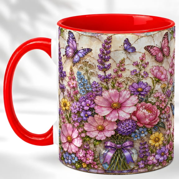 Wildflower Butterfly Coffee Mug, Stained Glass Floral Mug, Ceramic Cup