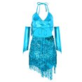 thumbnail image 5 of YONGHS Women's 1920s Flapper Dress Sequin Tassels Halter Backless Latin Dance Costume with Arm Sleeves Lake Blue One Size, 5 of 7