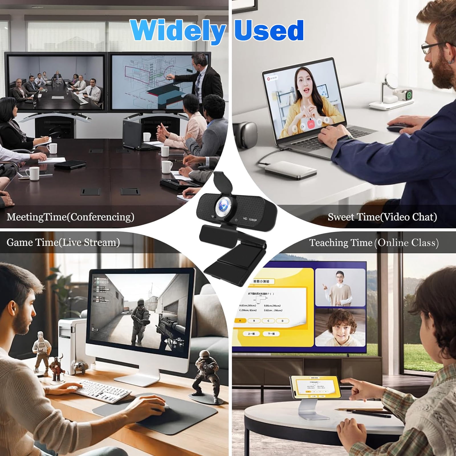 RONY 1080P Full HD Webcam with Built-in Microphone, Privacy Cover & Rotatable Tripod , Wide Angle USB Camera for Desktop PC and Laptop, Black