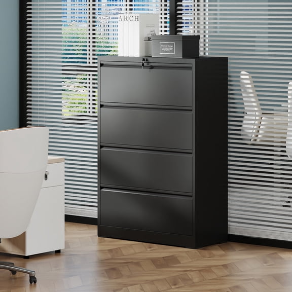 4 Drawer Lateral File Cabinet with Lock, Black Metal Filing Cabinet, 35.43 in Wide for Home Office