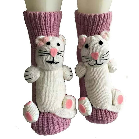 Women's 3D Knitted Socks Thick Winter Crew Stocks Cute Christmas Socks Pink Free Size
