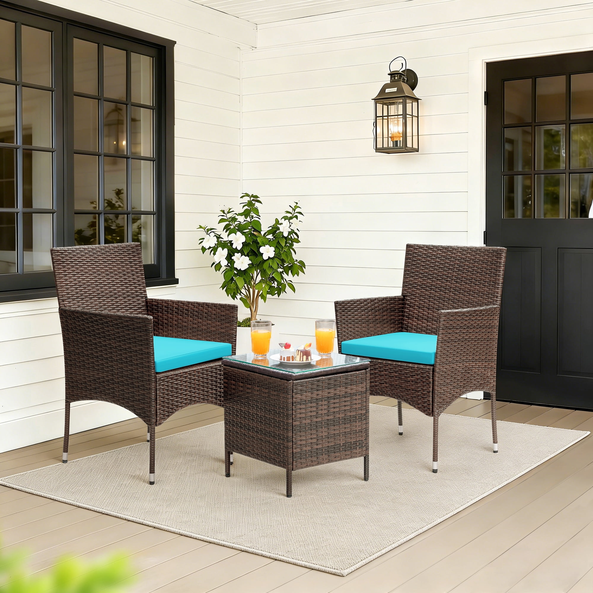 Lacoo 3 Pieces Outdoor Patio Furniture Gray PE Rattan Wicker Table and Chairs Sets Bar Set with Cushioned Tempered Glass , Brown / Blue