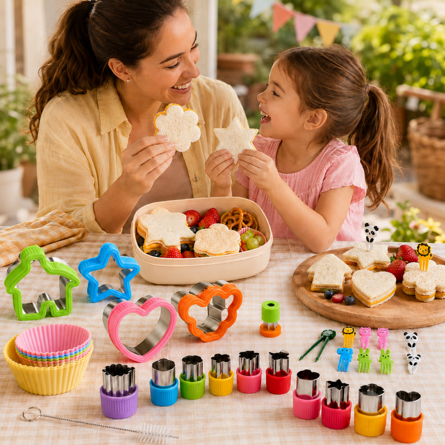 Sandwich Cutters for Kids Lunch, 36-Piece Set with Stainless Steel Bread and Cookie Cutters, Cartoon Food Picks and Silicone Baking Cups for Bento Lunches, Ages 6-12