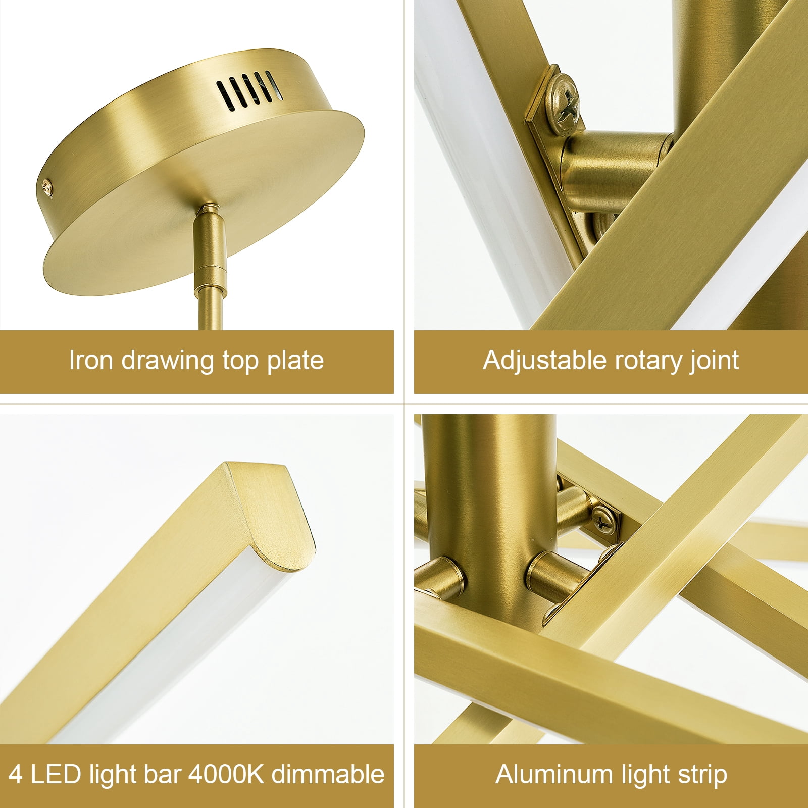 Gold LED Chandelier for Dining Room, 27.76in Dimmable 4-Lights Modern Ceiling Pendant Light Fixture for Kitchen Living Room Entry Foyer 3000K/4000K/5000K 24W
