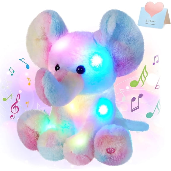 Houwsbaby 12'' Musical Light up Rainbow Elephant Stuffed Animal,LED Singing Soft Wildlife Animal Plush Toy with Night Lights&Lullaby,Birthday Children's Day Hoilday Gift for Toddler Kids