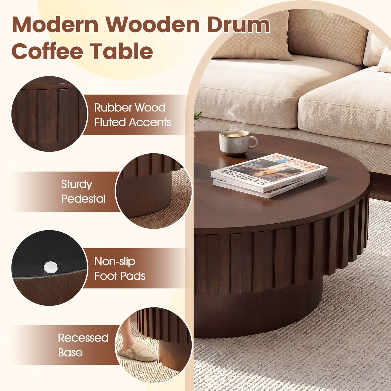 Costway Round Coffee Table with Storage, Wooden Drum Coffee Table with Hidden Compartment Walnut