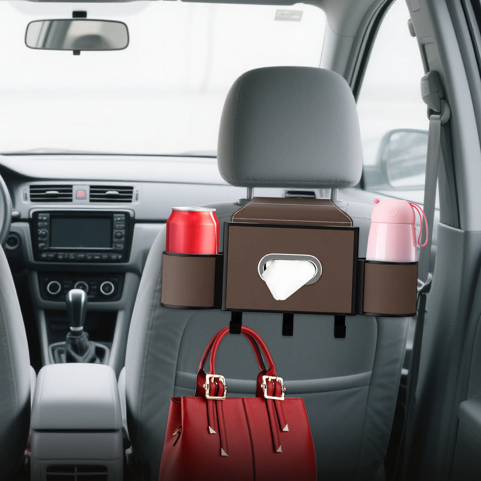 COM1950s Car Seat Organizer with Cup Holders, Backseat Storage Multi-Function Pocket for Tissues, Adjustable Straps for SUV and Vehicle Interior Accessories
