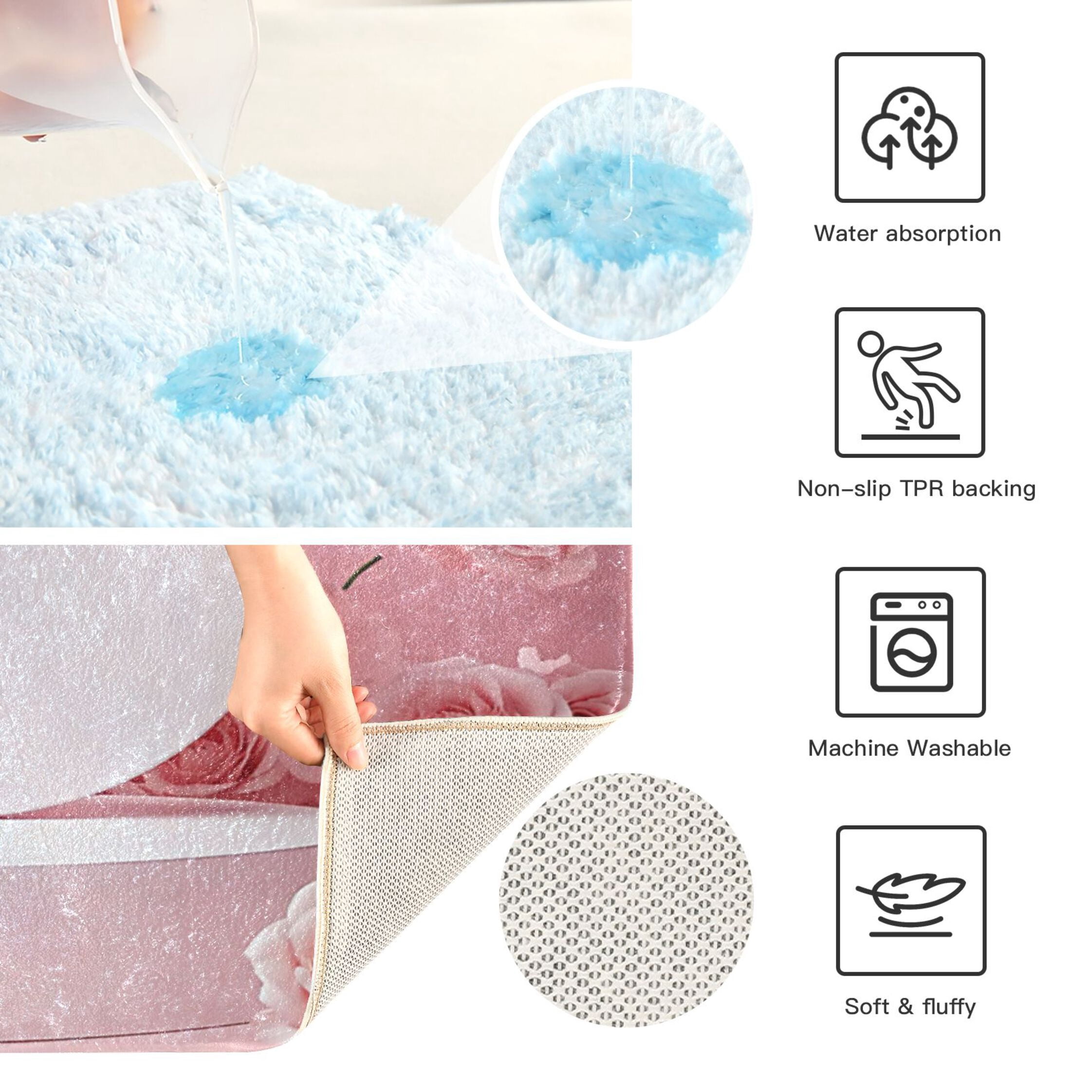 2 Piece Soft Bathroom Rug Set Light Pink Roses Bath Mat and U-Shaped Toilet Contour Rug (16"x24"+20"x24")