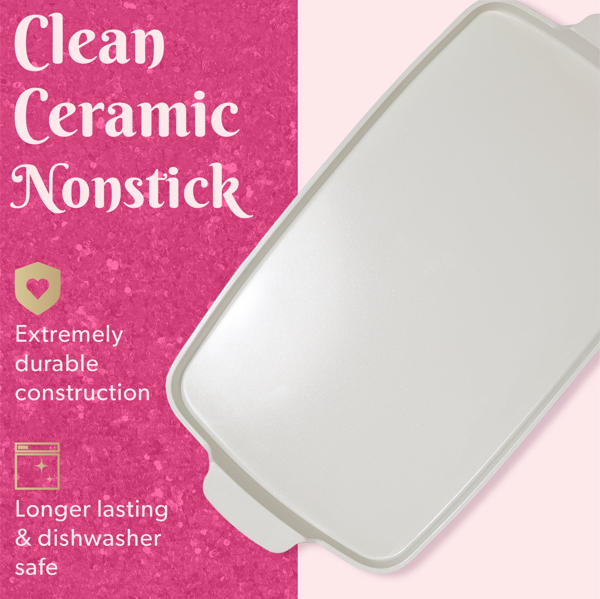Paris Hilton Double Burner Griddle Pan for Stovetop, 17.8" x 10.5", Clean Ceramic™ Nonstick Coating, Pink