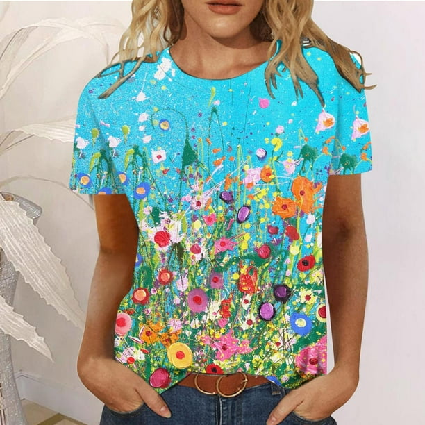 Patlollav Clearance Tops for Women Summer Print Short Sleeve T-Shirt ...