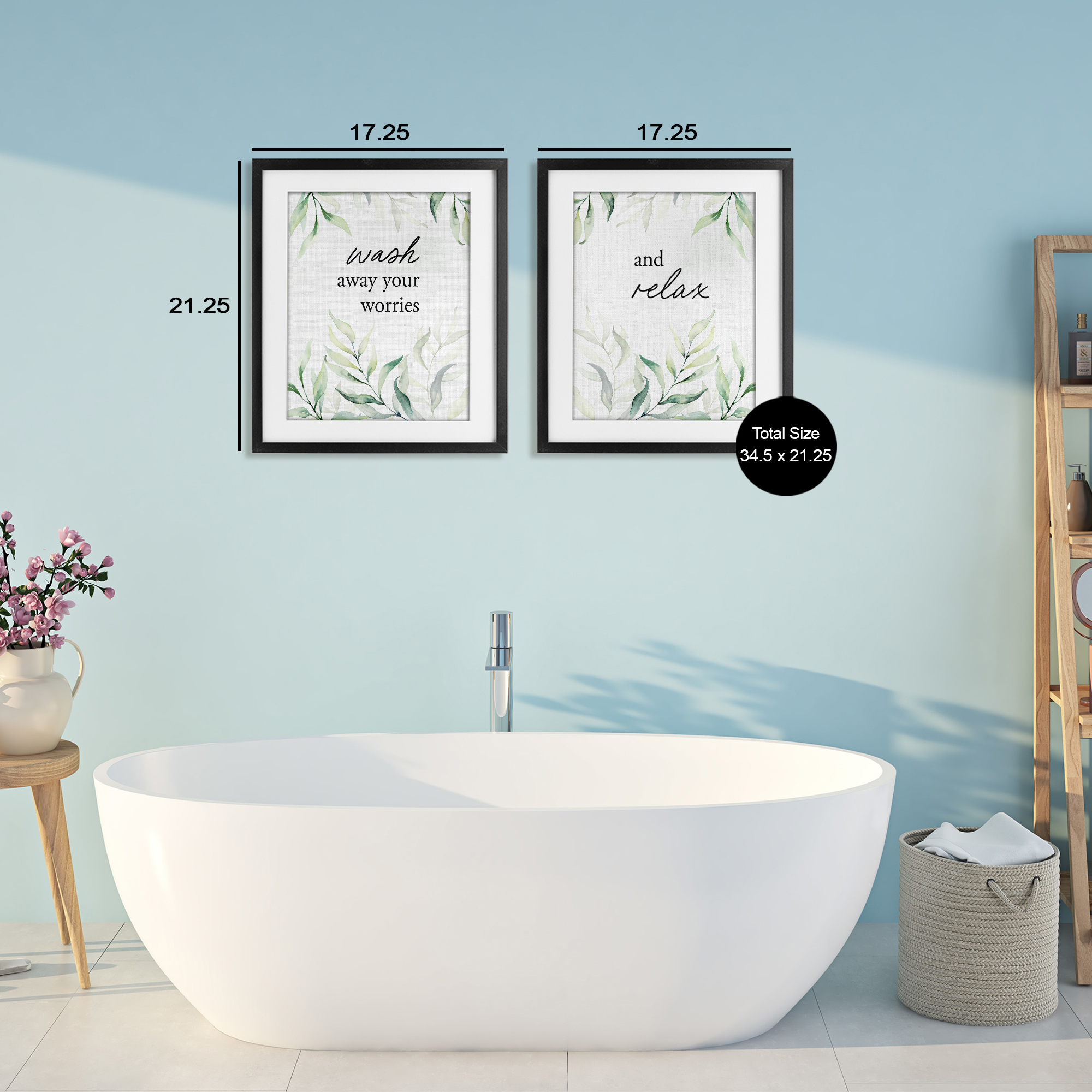 Soothing Bathroom Greenery Words 2 Piece Black Framed Print Under Glass Set, design by Lettered and Lined